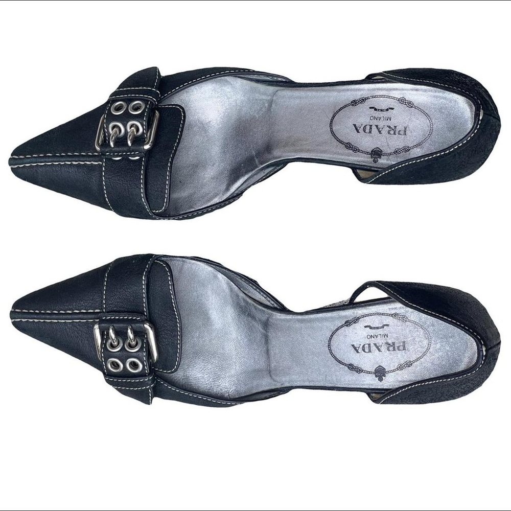 Prada leather slip on heels with buckle